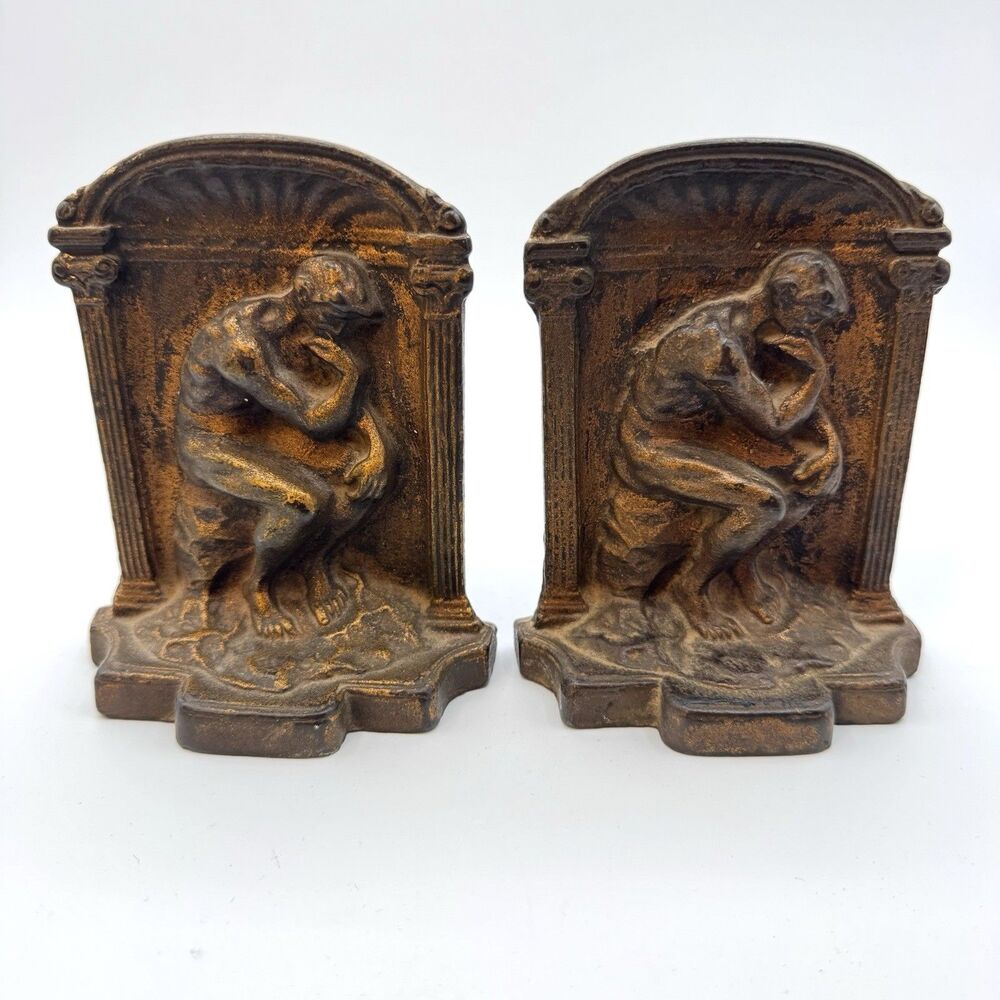 Vintage Art Deco Thinker Cast Iron Bronze Wash Bookends Heavy 4lb Set